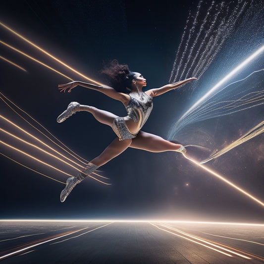 A dynamic, high-energy image featuring a dancer in mid-air, surrounded by blurred motion lines, with a darkened stadium or competition floor background, spotlight shining down, and a hint of glittering costumes.