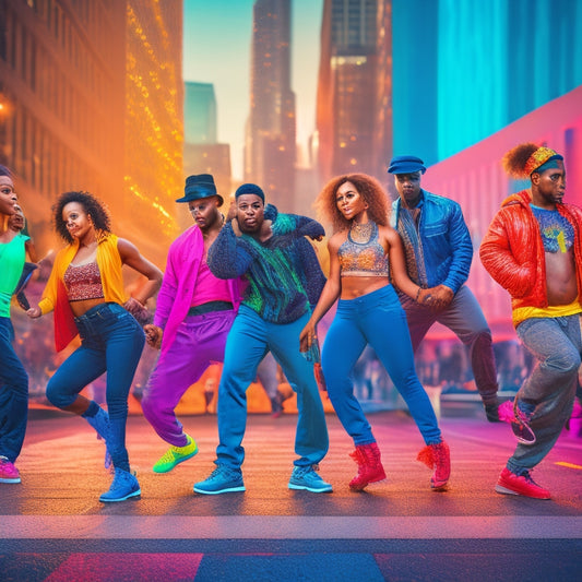 Vibrant colorful background with diverse dancers of different ages, genders, and ethnicities in dynamic poses, showcasing various hip-hop styles, surrounded by urban cityscape elements and musical notes.