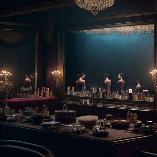 A dimly lit, velvet-curtained theater backstage area with 10 mirrors, each featuring a different dancer's reflection, showcasing various stage makeup looks, surrounded by makeup brushes, palettes, and spotlights.