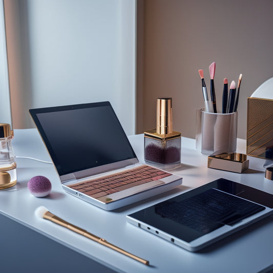 A futuristic, minimalist desk with a sleek laptop, a smartphone, and a tablet, surrounded by scattered makeup brushes, lipsticks, and eyeshadows, with a subtle dance-inspired background pattern.