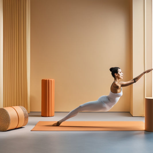 A serene, minimalist illustration featuring a dancer in a spacious, natural-lit studio, surrounded by props like resistance bands, foam rollers, and yoga blocks, with subtle, warm color tones.