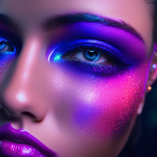 A stunning, close-up portrait of a dancer's face, adorned with vibrant, neon-colored makeup, gazing directly at the viewer, surrounded by blurred, shimmering lights and dark shadows.