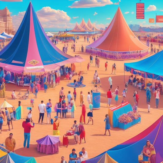 A vibrant illustration of a bustling festival scene with colorful tents, stages, and attendees, featuring a subtle background of ticketing systems' user interfaces on smartphones and laptops.