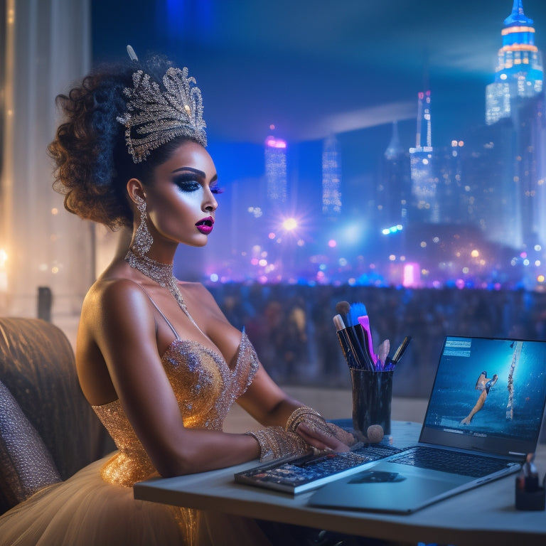 A glamorous, spotlit dancer in a flowing costume, surrounded by makeup brushes and mirrors, with a laptop open to a virtual classroom in the background, amidst a blurred cityscape.