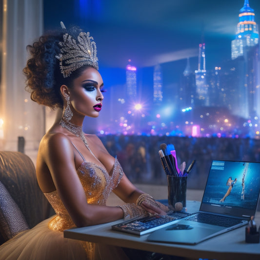 A glamorous, spotlit dancer in a flowing costume, surrounded by makeup brushes and mirrors, with a laptop open to a virtual classroom in the background, amidst a blurred cityscape.