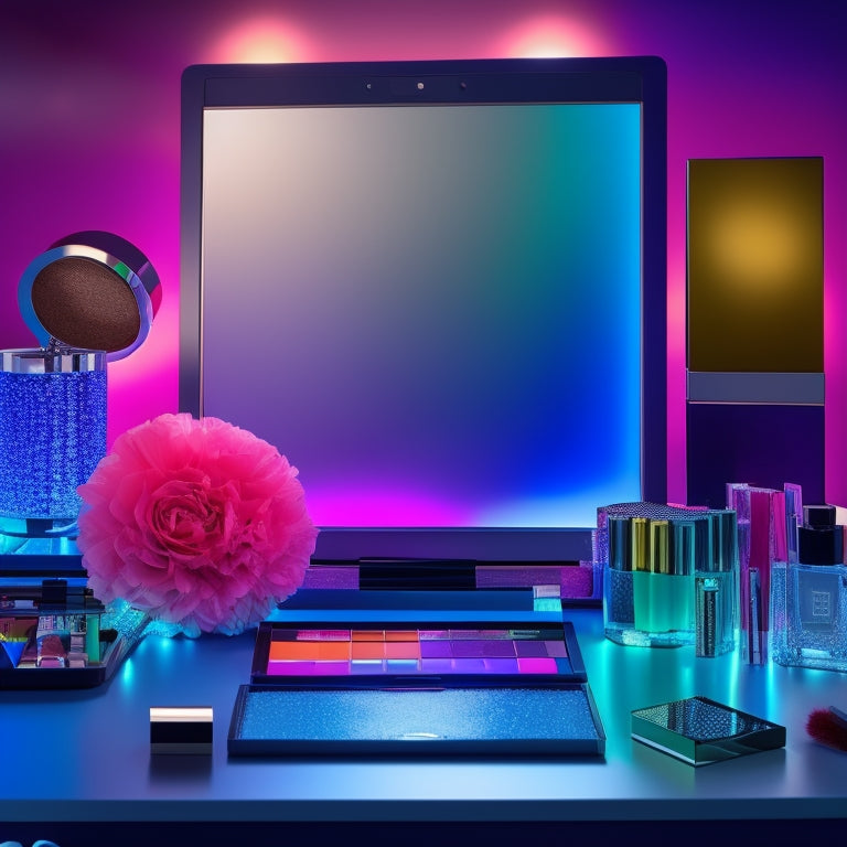 A spotlight shines on a clutter-free, sleek, modern vanity with a mirrored surface, adorned with an array of colorful makeup products and brushes, surrounded by dance-inspired beauty looks on iPads and laptops.