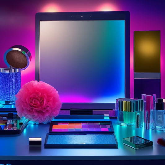 A spotlight shines on a clutter-free, sleek, modern vanity with a mirrored surface, adorned with an array of colorful makeup products and brushes, surrounded by dance-inspired beauty looks on iPads and laptops.