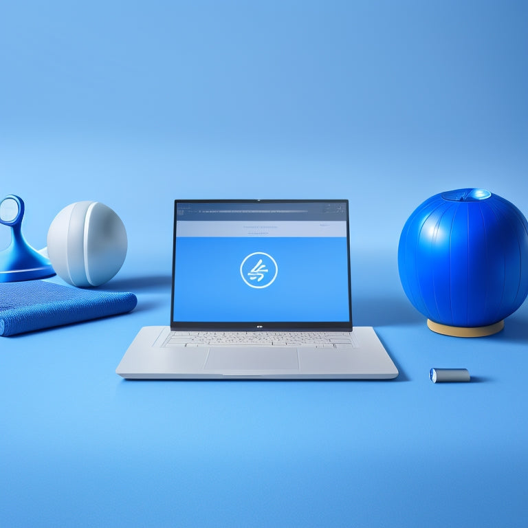 A minimalist illustration of a laptop with a yoga mat and exercise ball nearby, surrounded by virtual fitness class icons and Wi-Fi signals, set against a calming blue background.