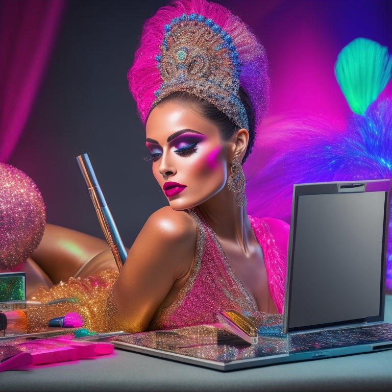 A glamorous, spot-lit dancer in a flowing, shimmering costume, surrounded by makeup brushes, mirrors, and colorful cosmetics, with a subtle laptop or tablet in the background, open to a online course page.