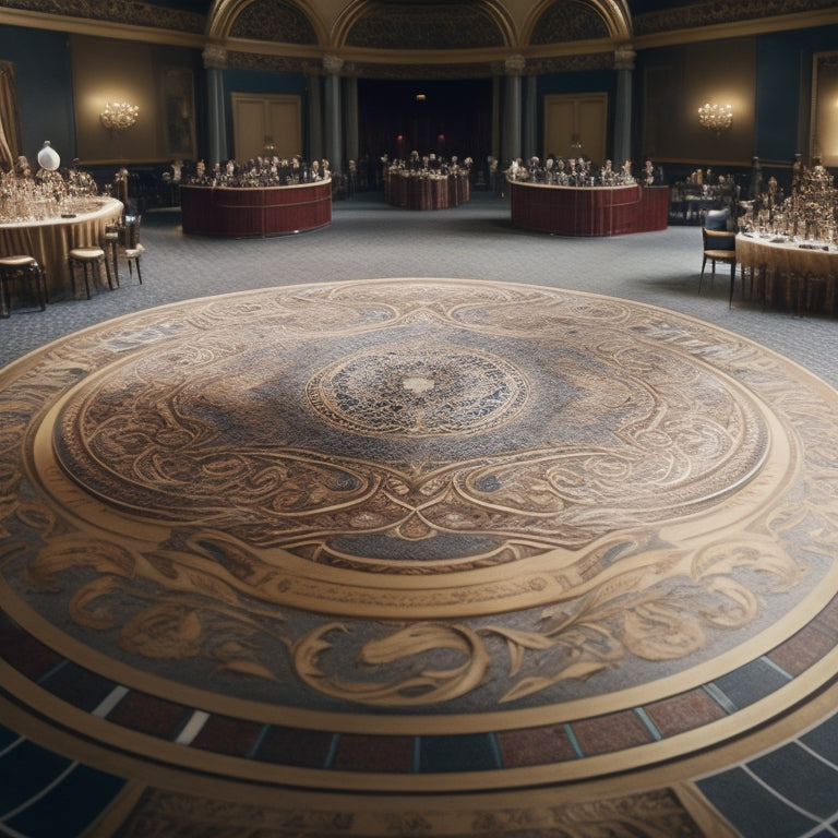 An intricately designed dance floor with swirling patterns, surrounded by judge's tables with scoring sheets, pencils, and glasses, amidst a subtle backdrop of ballet shoes and music notes.