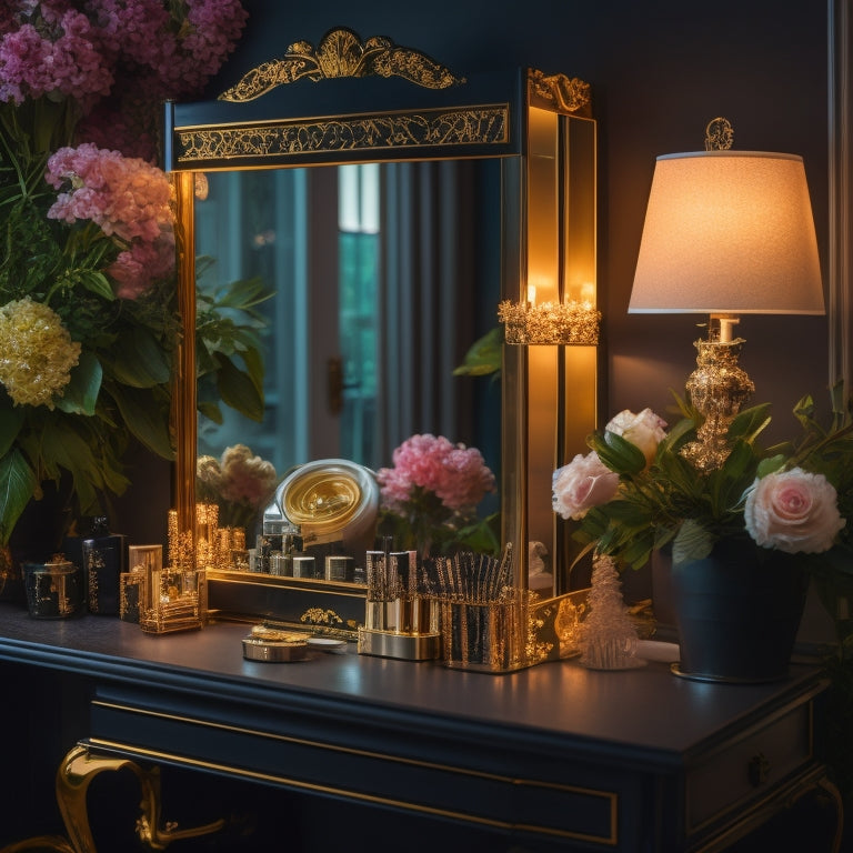 A beautifully lit, elegant makeup station with a sleek black vanity, adorned with an assortment of brushes, palettes, and products, surrounded by soft, golden lighting and delicate, flowering vines.