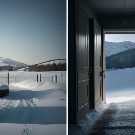 A split-screen image: on the left, a blurred, ominous prison corridor leading to a cell door with a slight crack of light, and on the right, a snowy, rural landscape with a faint police tape outline in the distance.