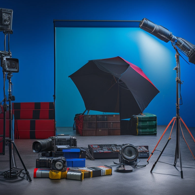 A professional photographer's studio with a sleek, black backdrop, a camera, and a tripod, surrounded by stacks of beautifully printed headshots with vibrant colors and crisp details.