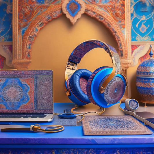 A vibrant illustration featuring a stylized, ornate Middle Eastern-inspired pattern as the background, with a DJ console, headphones, and a laptop in the foreground, surrounded by subtle, swirling musical notes.