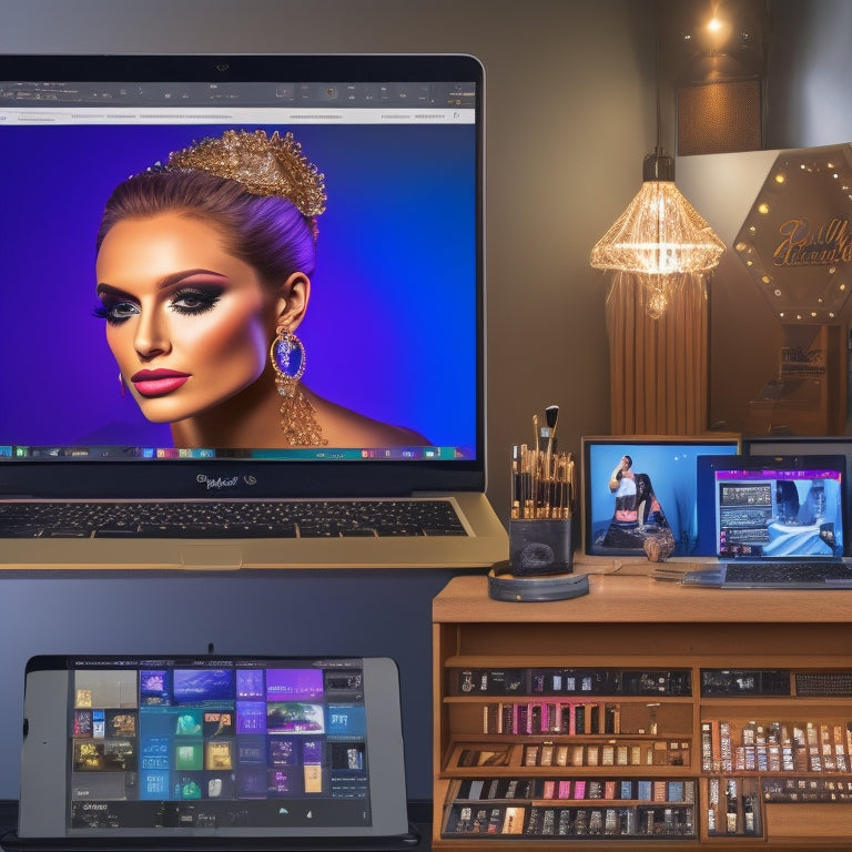 A split-screen image featuring a dance makeup artist's workstation with brushes, palettes, and mirrors on one side, and a laptop with an online course dashboard on the other, surrounded by sparkling stage lights.