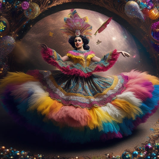 A whimsical illustration featuring a dancer surrounded by a swirling vortex of colorful costumes, fabrics, and accessories, with sparkles, sequins, and feathers scattering throughout.