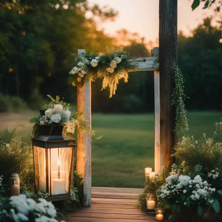 A whimsical, sunset-lit outdoor wedding scene with a lush greenery backdrop, a flowing white wedding dress, and a vintage Rustic wooden door adorned with flowers and greenery, surrounded by candles and lanterns.