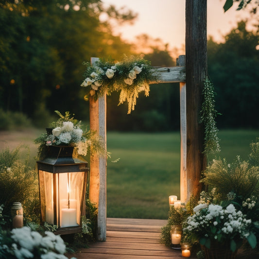 A whimsical, sunset-lit outdoor wedding scene with a lush greenery backdrop, a flowing white wedding dress, and a vintage Rustic wooden door adorned with flowers and greenery, surrounded by candles and lanterns.