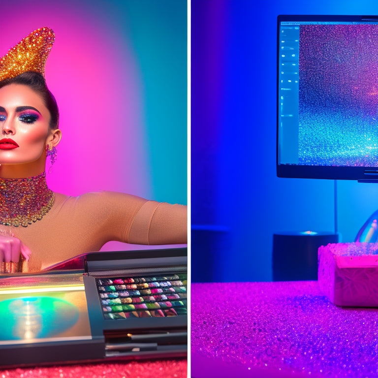 A split-screen image featuring a dancer in a studio on one side, surrounded by makeup brushes and palettes, and a laptop with a marketing dashboard on the other, with colorful lights and confetti.