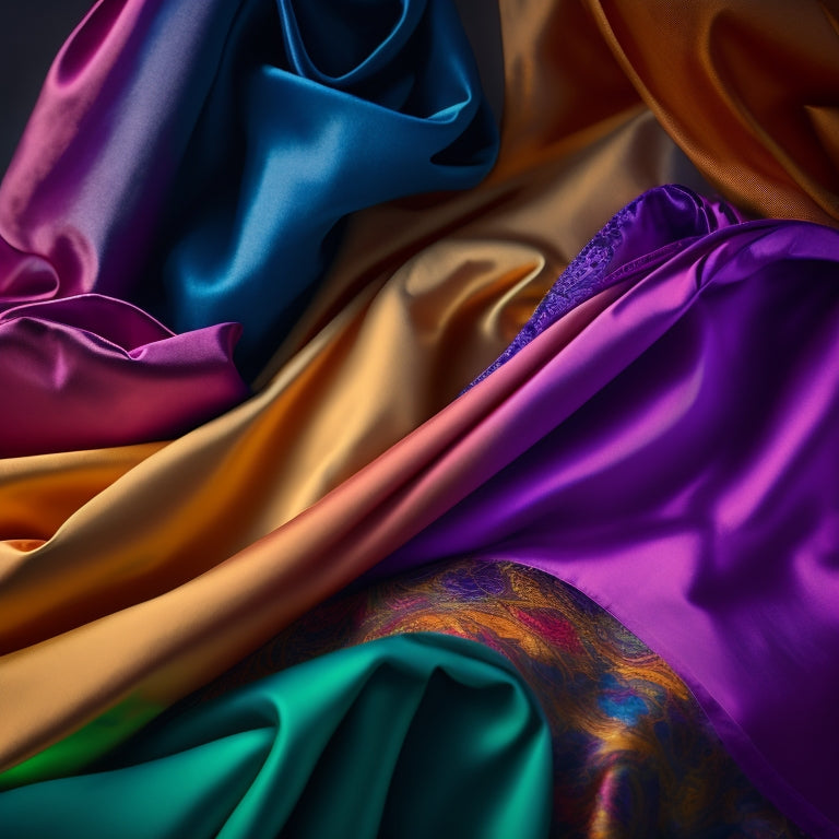 A vibrant array of flowing silk dance scarves in rich jewel tones, gracefully draped and swirling in mid-motion against a soft, blurred background of a dance studio, highlighting their shimmering textures and fluidity.