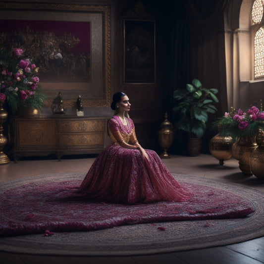 A serene, dimly lit studio with a lone dancer in a flowing, intricately patterned costume, surrounded by Middle Eastern-inspired textiles, ornaments, and a few scattered rose petals.