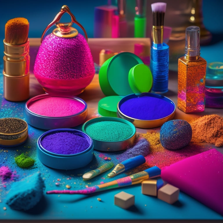 A vibrant array of colorful makeup palettes, glitter pots, face paints, brushes, and sponges scattered across a wooden table, illuminated by soft, warm lighting, capturing the essence of creativity and transformation in costume makeup.