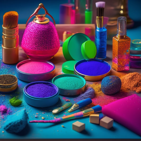 A vibrant array of colorful makeup palettes, glitter pots, face paints, brushes, and sponges scattered across a wooden table, illuminated by soft, warm lighting, capturing the essence of creativity and transformation in costume makeup.