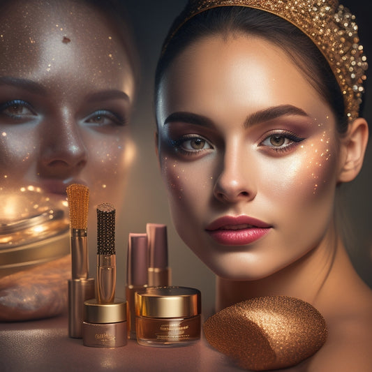 A warm-lit, close-up shot of a dancer's face, with a mix of shiny and matte makeup products scattered around, alongside a few dance-related items like a pointe shoe or a ballet slipper.