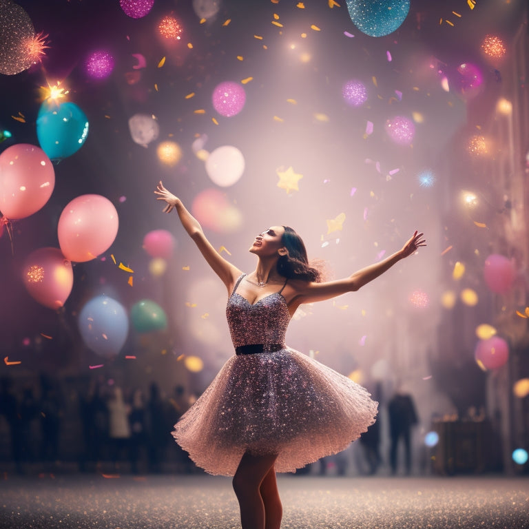 A whimsical illustration of a dancer standing in front of a spotlight, surrounded by confetti and balloons, with a subtle cityscape or stage lights in the background, conveying excitement and celebration.