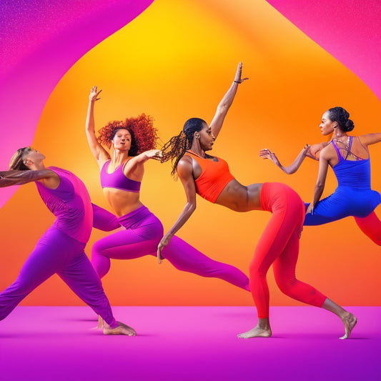 A vibrant, abstract illustration featuring a diverse group of people in dynamic poses, blending elements of yoga, dance, and martial arts, set against a warm, gradient background of orange, pink, and purple hues.