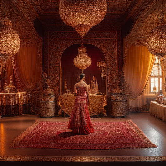 A warm, golden-lit dance studio with a large, ornate mirror, a few scattered Middle Eastern-style lanterns, and a laptop open on a velvet-draped table, surrounded by belly dance props and intricately patterned fabrics.
