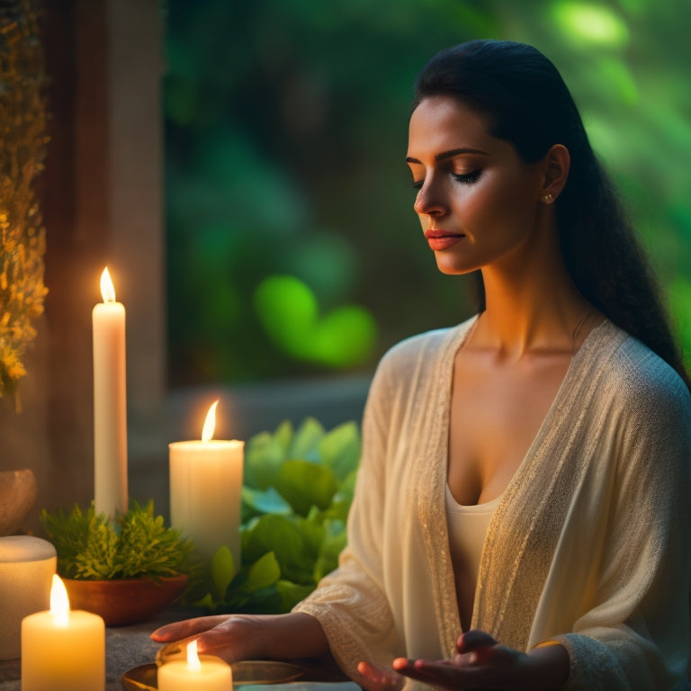 A serene woman in lotus pose, surrounded by candles and lush greenery, with a subtle glow and soft focus, evoking a sense of calm and tranquility.