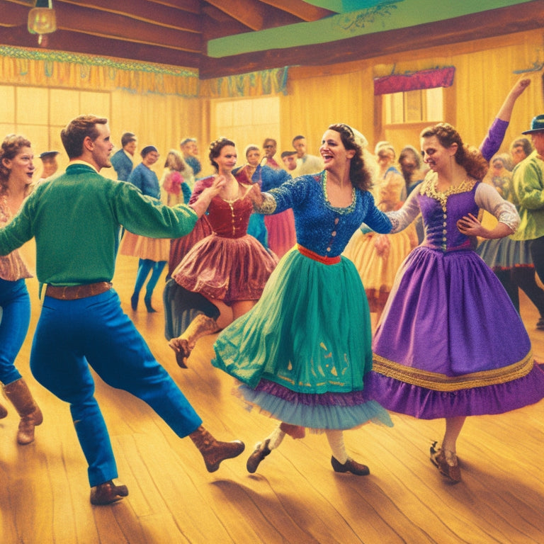 A vibrant illustration of a lively contra dance scene: swirling skirts, tapping feet, and joyful faces, set against a warm, wooden-floored background with subtle musical notes and folk patterns.