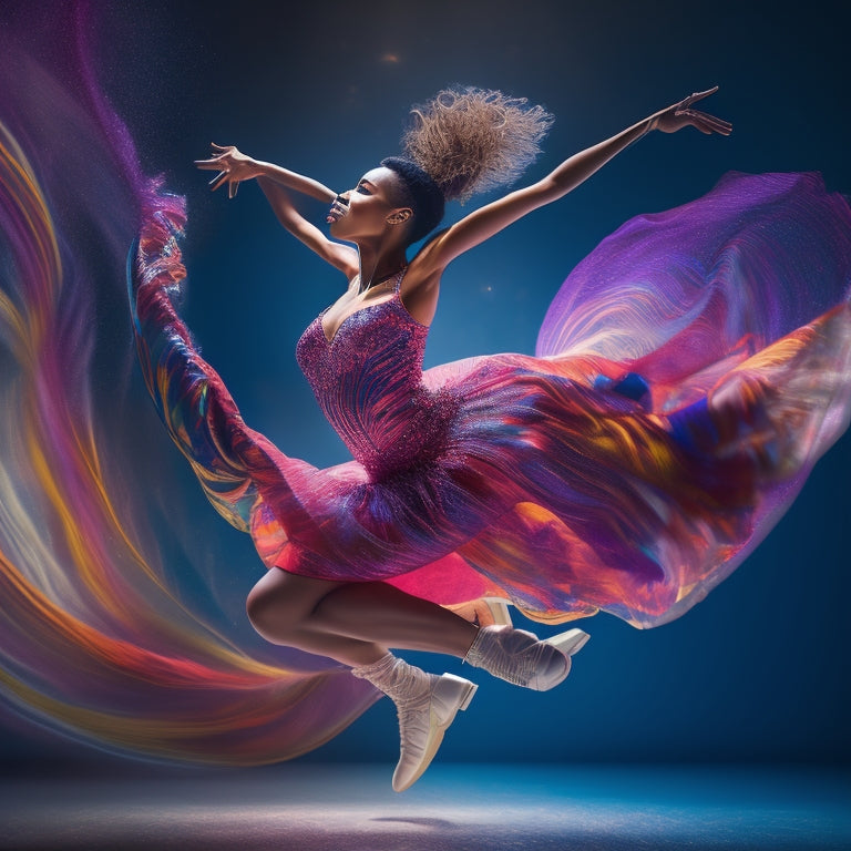 A vibrant, dynamic illustration of a dancer in mid-air, surrounded by swirling musical notes, flashes of light, and rhythmic patterns, conveying energy, movement, and joy.