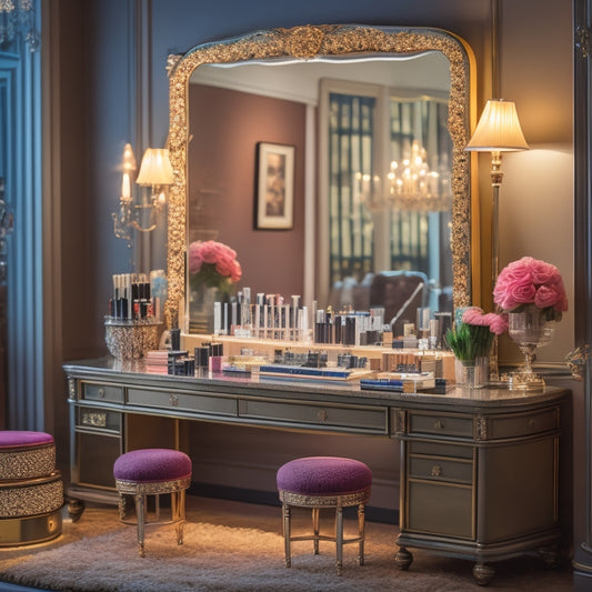 A clutter-free, well-lit makeup station with an organized array of brushes, palettes, and products, surrounded by mirrors, stools, and a few elegant dance costumes in the background.