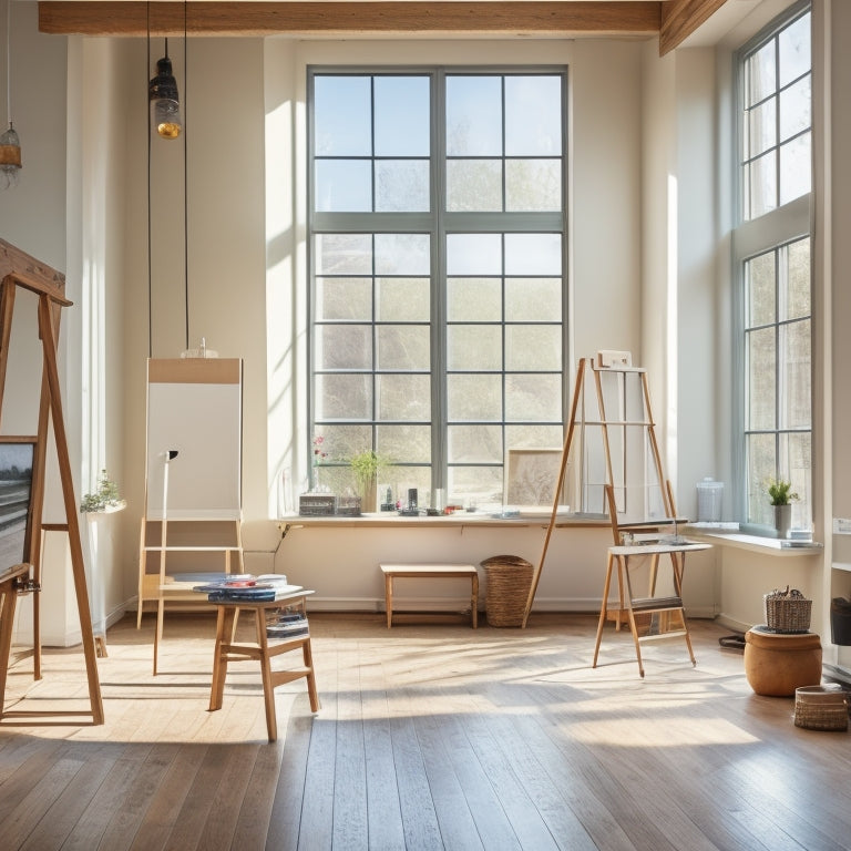 A bright, airy studio space with high ceilings, wooden floors, and large windows letting in natural light, featuring a few scattered art supplies and a single, empty easel in the center.