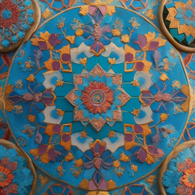 An intricate, vibrant mosaic of interconnected geometric shapes in turquoise, crimson, and golden hues, adorned with delicate florals and arabesques, set against a rich, dark blue background.