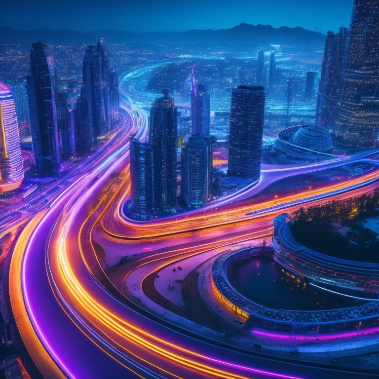 A futuristic, neon-lit cityscape at dusk, with sleek skyscrapers and curved, glowing lines connecting them, surrounded by orbiting, swirling shapes and vibrant, electrified auras.