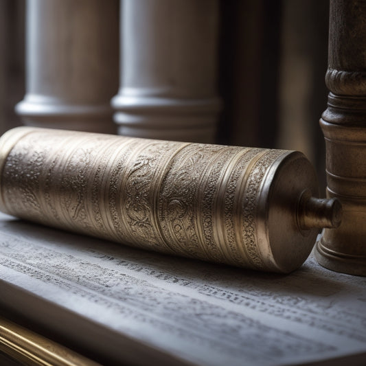 An illuminated Torah scroll with a delicate, ornate silver pointer resting on a worn, wooden synagogue pew, surrounded by soft, golden light and subtle shadows.