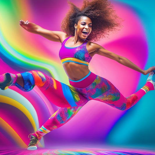 A dynamic illustration of a fit, energetic woman in her 30s, dancing in a bright, colorful studio, surrounded by fun, swirling patterns, with a blurred background to convey high-energy movement.