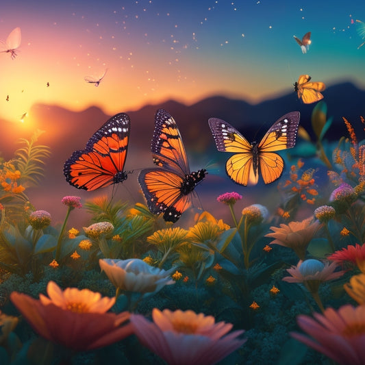 A whimsical illustration of butterflies in various dance poses, surrounded by lush greenery, with delicate flowers and sparkling fireflies, set against a warm, sunset-inspired background.