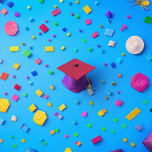 A vibrant, colorful illustration featuring a mix of pixel art graduation caps, diplomas, and confetti, arranged in a playful, whirling pattern against a bright blue background.