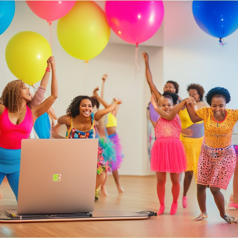 A bright, colorful dance studio with a laptop and speakers in the corner, surrounded by joyful dancers of diverse ages and body types, moving to upbeat music, with confetti and balloons floating in the air.