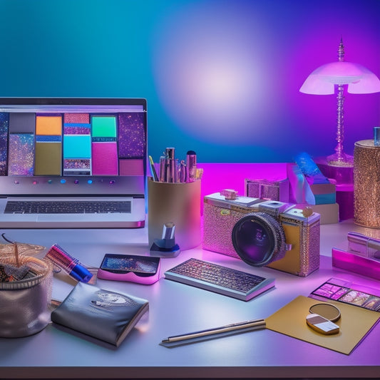 A colorful, clutter-free desk with a laptop, various makeup products, and a few dance-themed items like a pointe shoe or a ballet-themed notebook, surrounded by spotlights and stage lights.