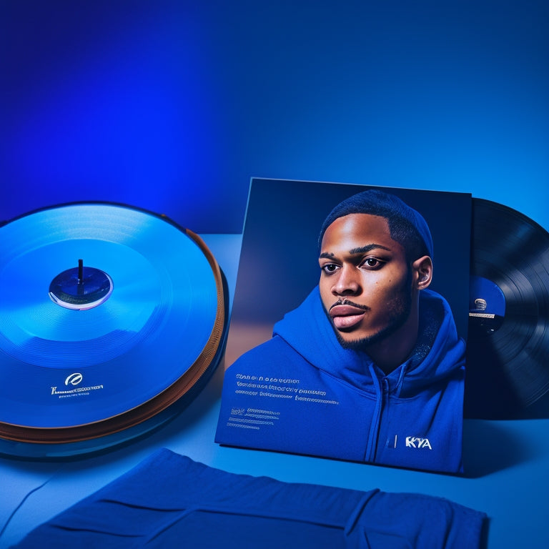 A moody, dark blue background with a centered, folded KAYTRANADA hoodie in a sleek, modern font-emblazoned design, surrounded by a scattered vinyl record and CD copies of the album.