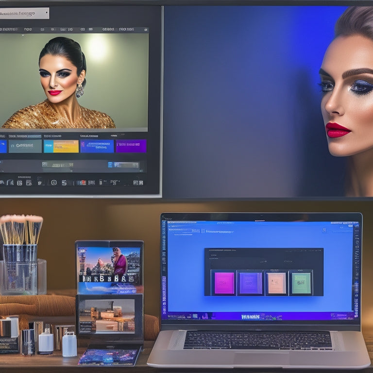 A split-screen image featuring a professional dance makeup artist at a vanity, surrounded by brushes and products, on one side, and a laptop with an online course dashboard open on the screen, on the other.