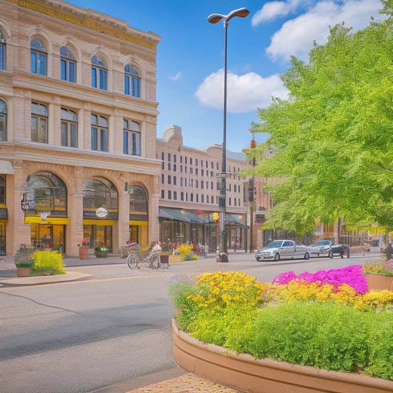 A sunny day in downtown Appleton: vibrant buildings with ornate facades, blooming flowers in planters, and a bustling street scene with people walking and biking amidst a mix of modern and historic architecture.