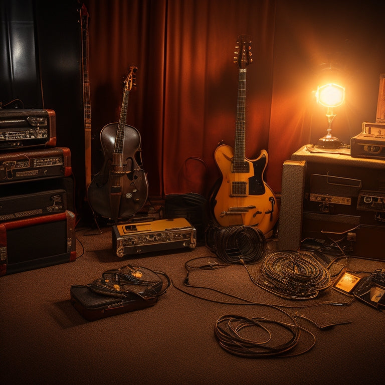 A dimly lit, cluttered backstage area with scattered music gear, cables, and cases, contrasted with a sleek, organized pedalboard and a few carefully selected, high-quality instruments in the foreground.