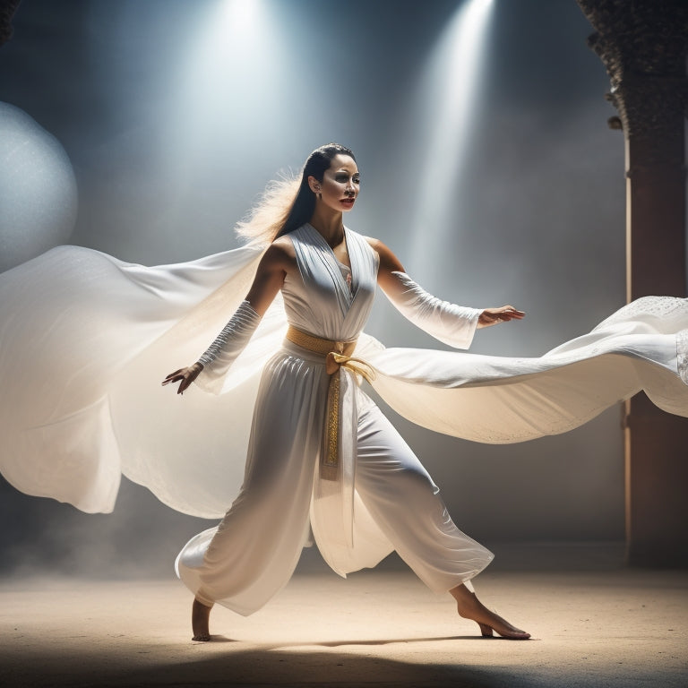 A serene, misty Asian-inspired background with a fit, toned woman in a flowing white outfit, performing a dynamic, sweeping martial arts pose, surrounded by subtle, glowing lanterns.