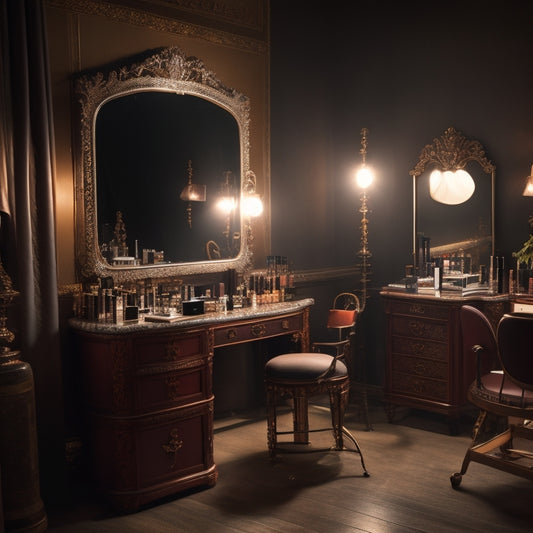 A dimly lit, glamorous backstage area with a vanity mirror, surrounded by makeup brushes, palettes, and beauty products, with a spotlight shining on an empty, ornate director's chair.